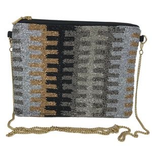 Black and Gray Abstract Pattern Beaded Evening CrossbodyHandbag with Chain Strap